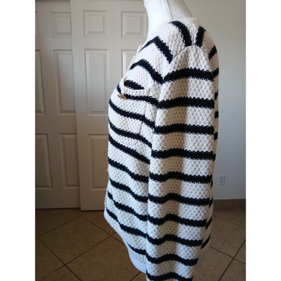 Dazy Womens Cardigan Sweater White Black Striped Size Medium Button Pockets - Picture 7 of 16